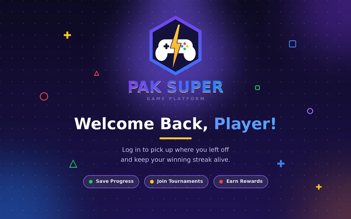 Pak Super login banner welcoming players back with the message Welcome Back, Player