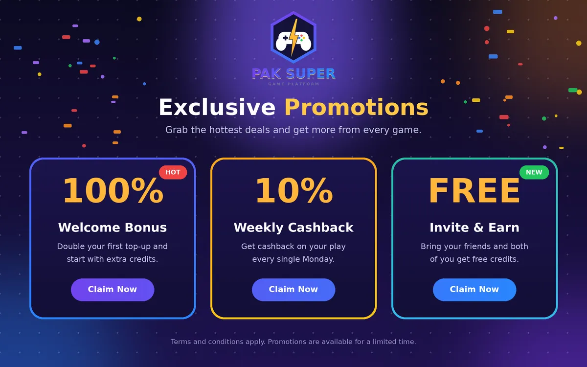Pak Super promotions banner showing bonuses, VIP rewards, and special offers